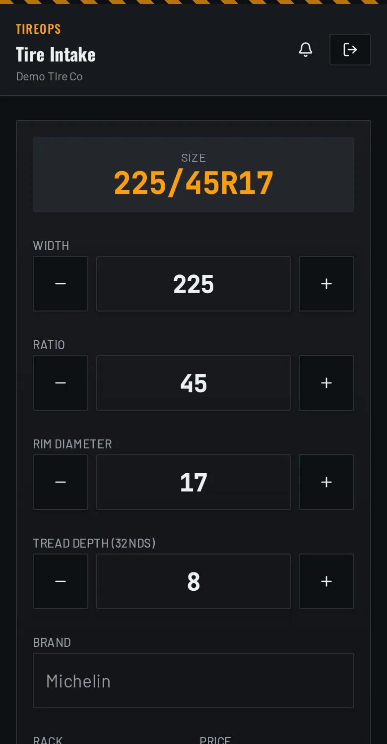 Tire intake on a phone: big buttons for width, ratio, rim and tread depth