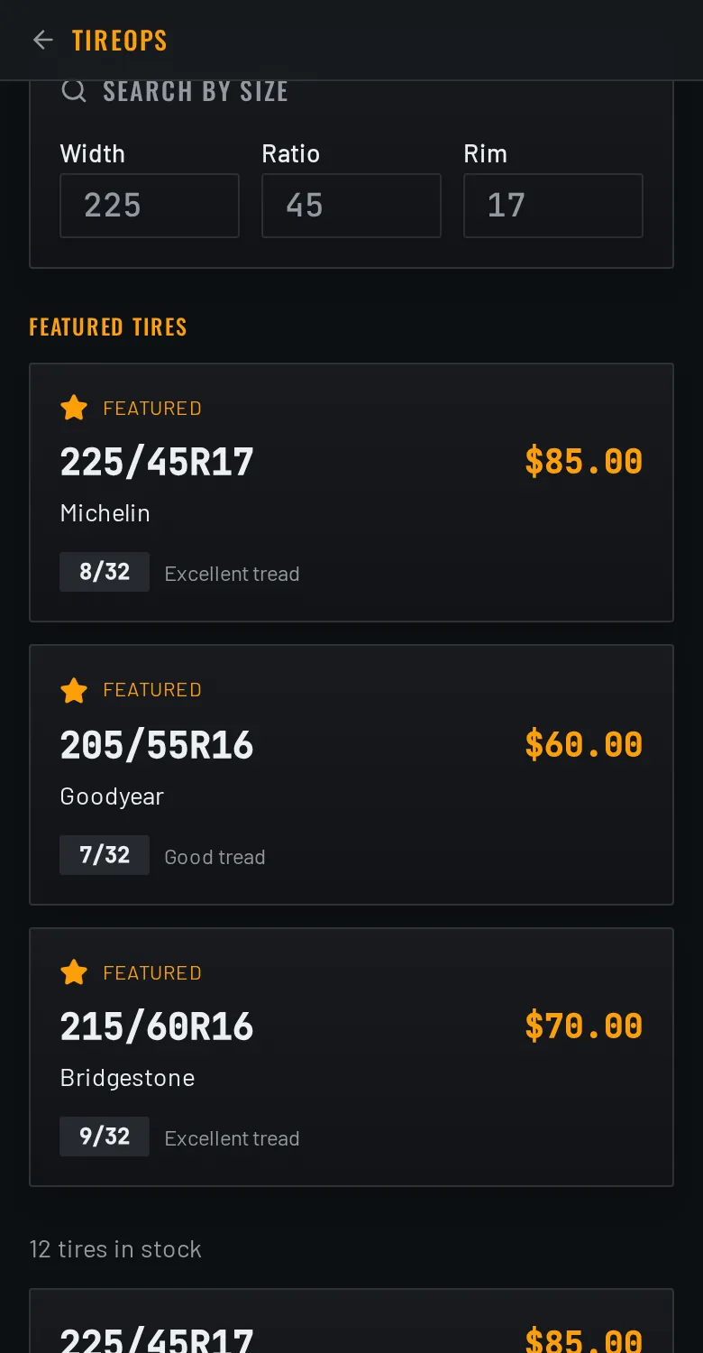 A shop's public page on a phone: search by size and featured tires with tread and price